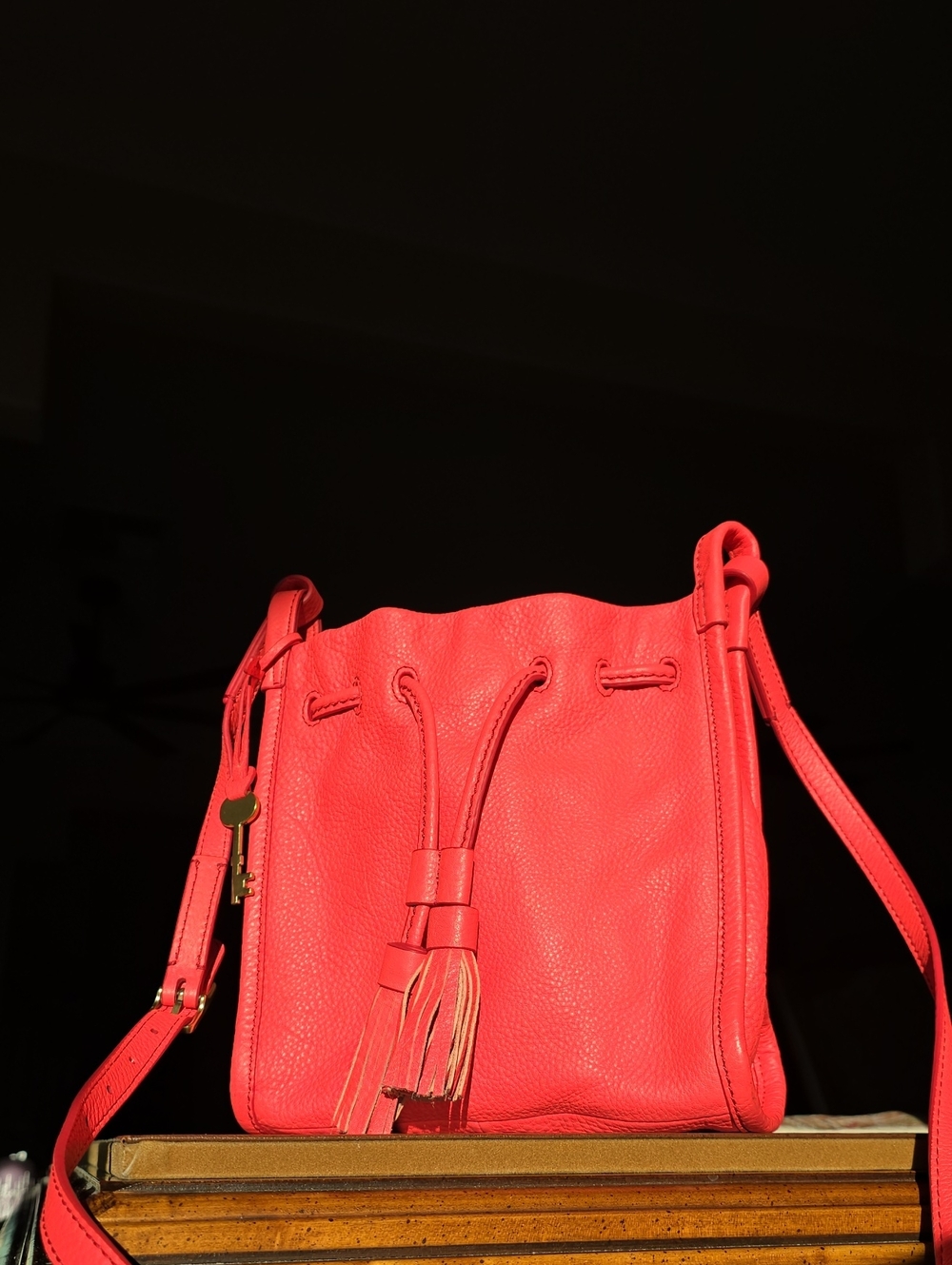 Fossil Hot Pink Leather Drawstring Crossbody Bag